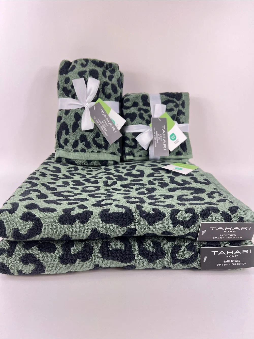 Tahari Home Bath Towel Set Green Black Leopard Print Soft 100% Cotton 8 Pc NEW